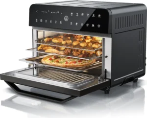 Friteuse à air chaud Arendo 1800 W, mini-four, 25 L, acier inoxydable, four à pizza, 4 niveaux, mini-four à convection, minuterie, 12 programmes, cuisson, déshydratation, friture, sans huile, noir